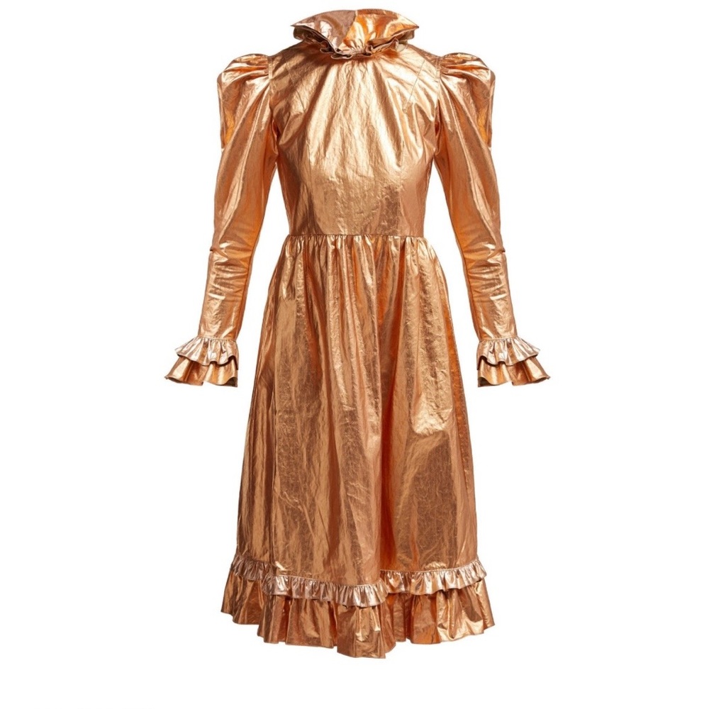 Batsheva Metallic Gold Ruffle Dress